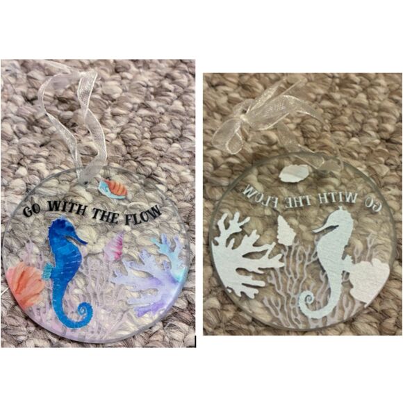 "Go With The Flow" Round Glass Ornament with Ocean Theme - Picture 1 of 3
